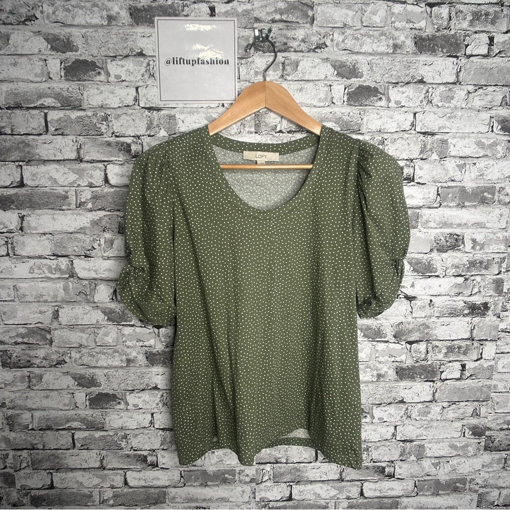 EUC LOFT Olive Polka Dot Puff Sleeve Blouse Size Small